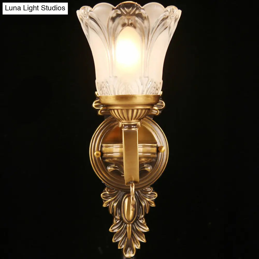 Bronze Floral Wall Sconce With Frosted White Glass - Single Bulb Light For Aisle Traditional Design