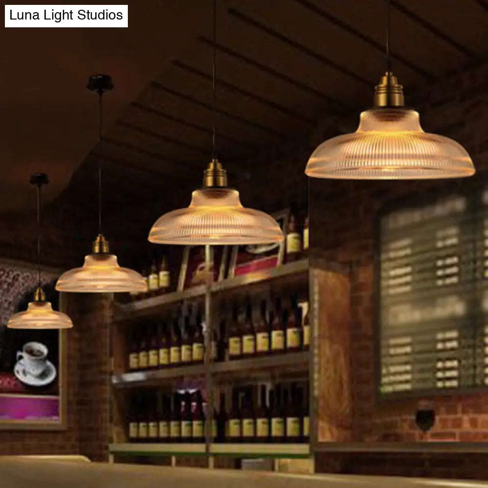 Cafe Pendant Lighting: Retro Bowl Shaped Clear Striped Glass Lamp With Brass Finish