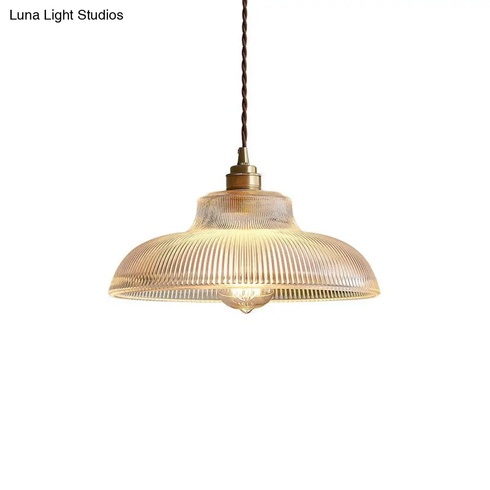 Cafe Pendant Lighting: Retro Bowl Shaped Clear Striped Glass Lamp With Brass Finish