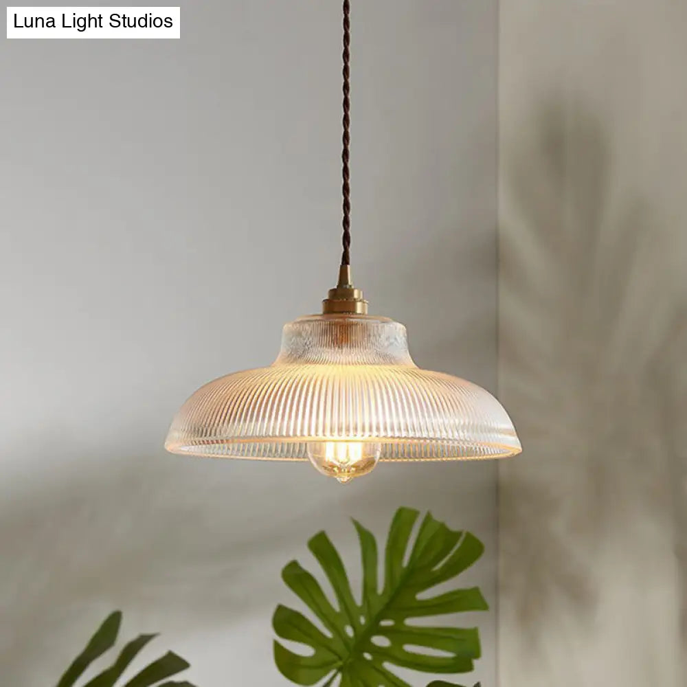 Cafe Pendant Lighting: Retro Bowl Shaped Clear Striped Glass Lamp With Brass Finish