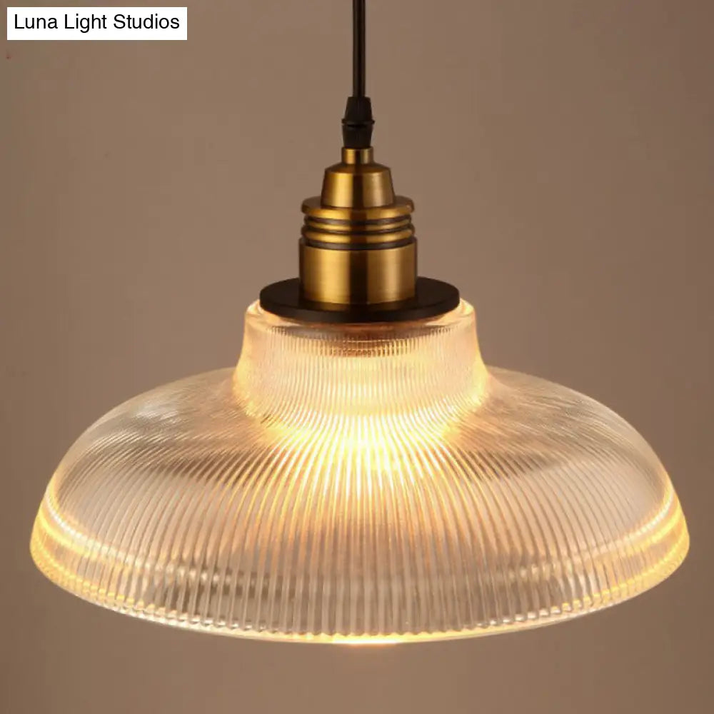 Cafe Pendant Lighting: Retro Bowl Shaped Clear Striped Glass Lamp With Brass Finish