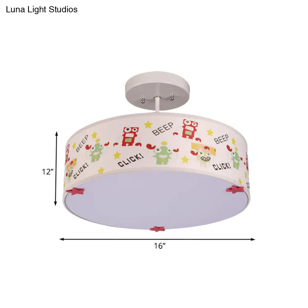 Cartoon Animal Print Semi Flush Ceiling Light With 3 Bulbs In White Fabric