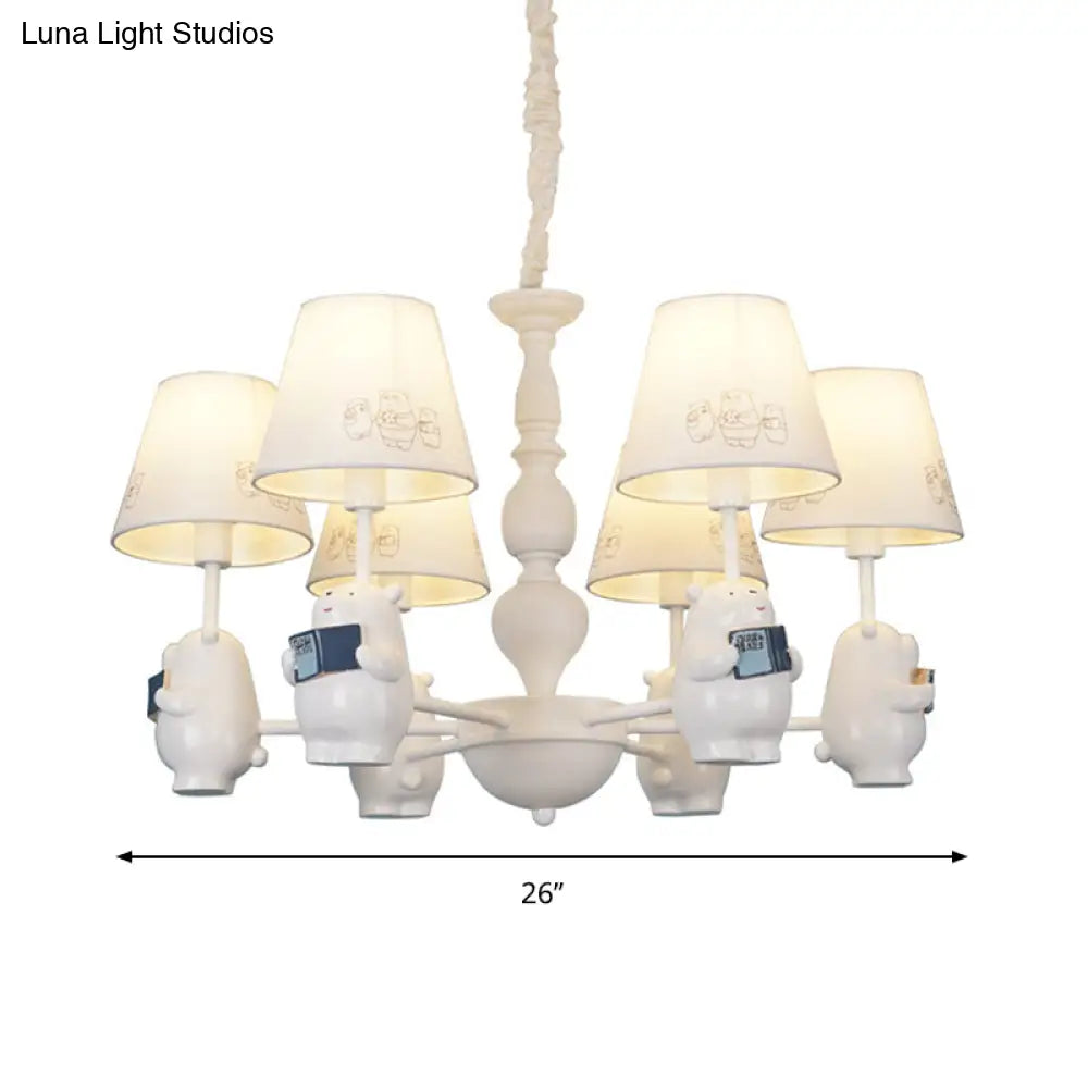 Cartoon Tapered Shade Hanging Lights - 6-Light Fabric Chandelier In White For Living Room