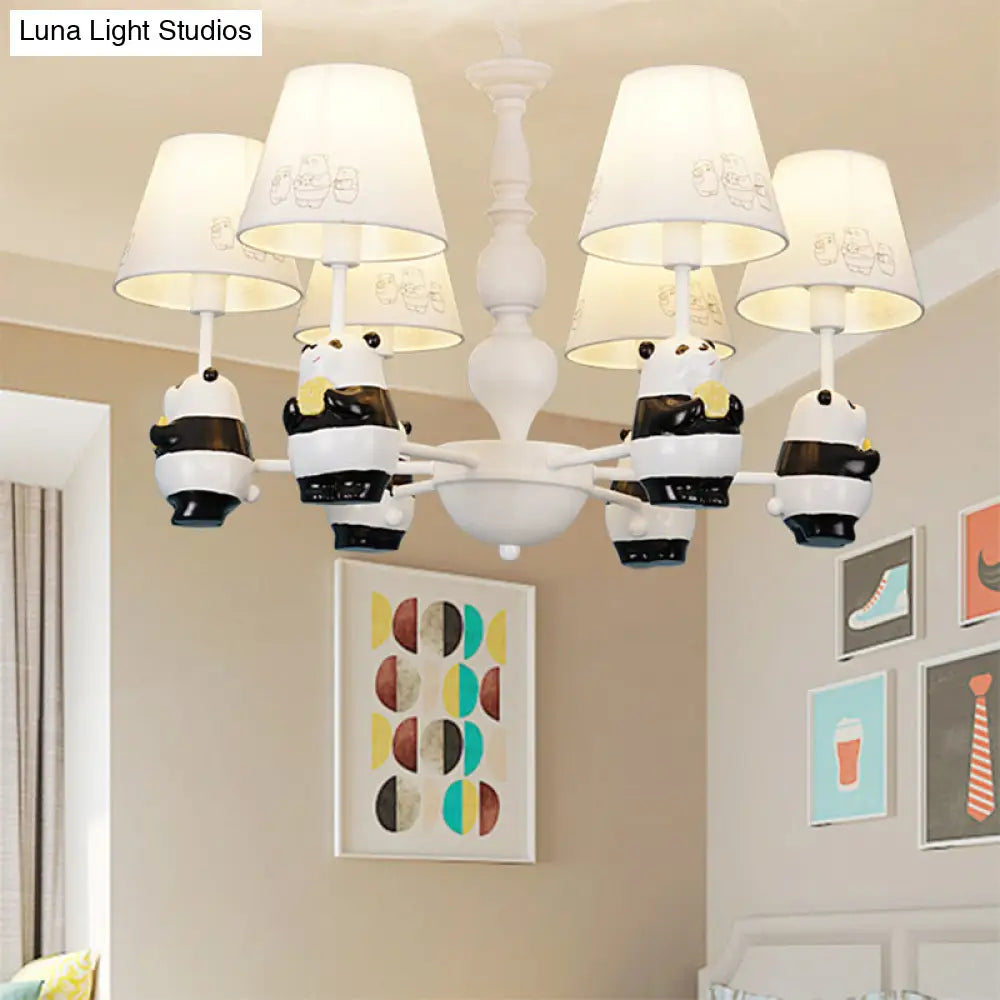 Cartoon Tapered Shade Hanging Lights - 6-Light Fabric Chandelier In White For Living Room