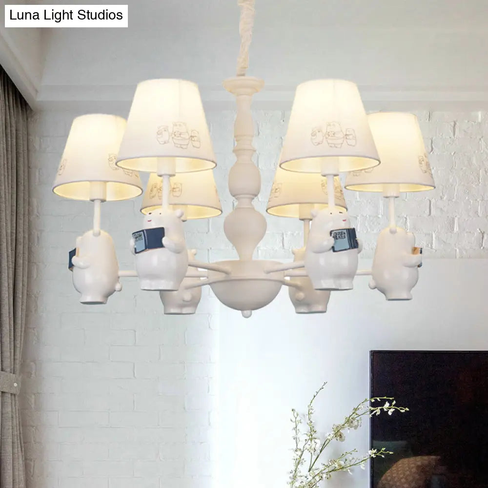 Cartoon Tapered Shade Hanging Lights - 6-Light Fabric Chandelier In White For Living Room