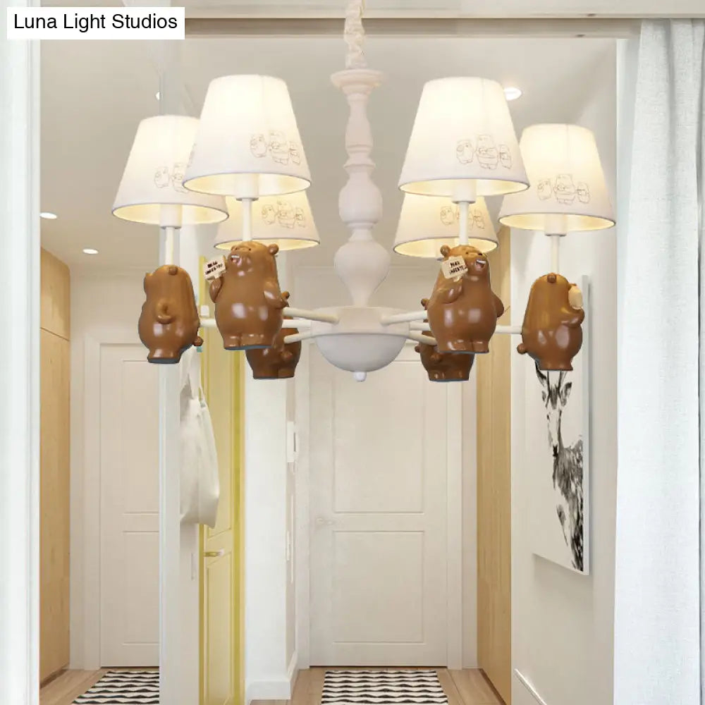 Cartoon Tapered Shade Hanging Lights - 6-Light Fabric Chandelier In White For Living Room