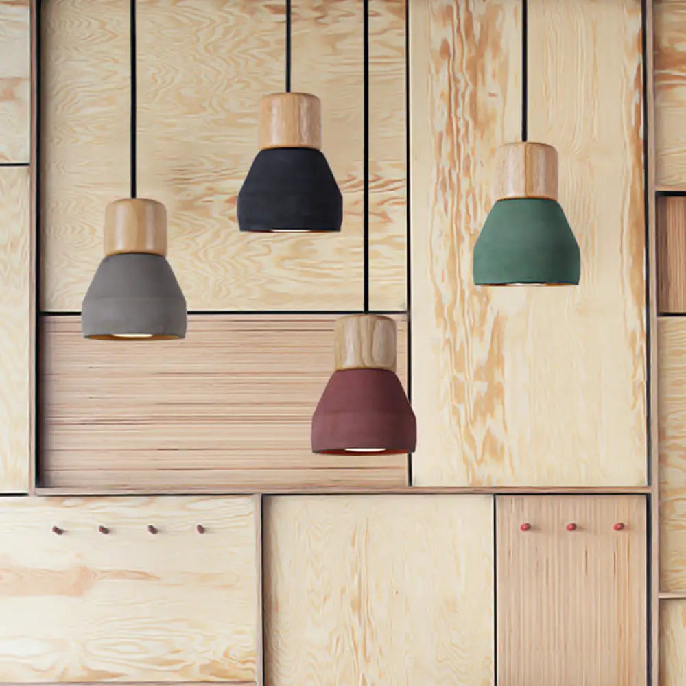Cement Bottle Small Hanging Lamp Macaron Single Red/Grey/Green Ceiling Pendant Light With Wood Top