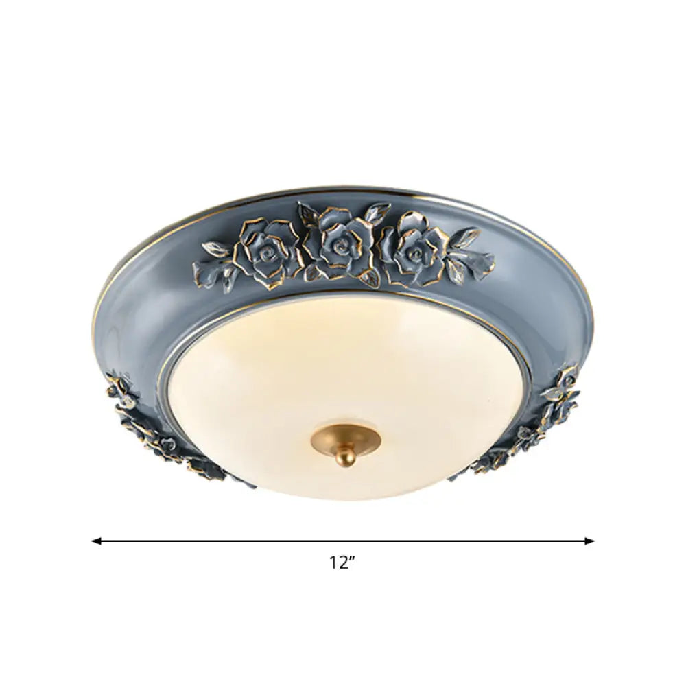 Ceramic Carved Rose Led Ceiling Lamp In Blue With White Glass Shade - Available 12/14/18 For Rural &
