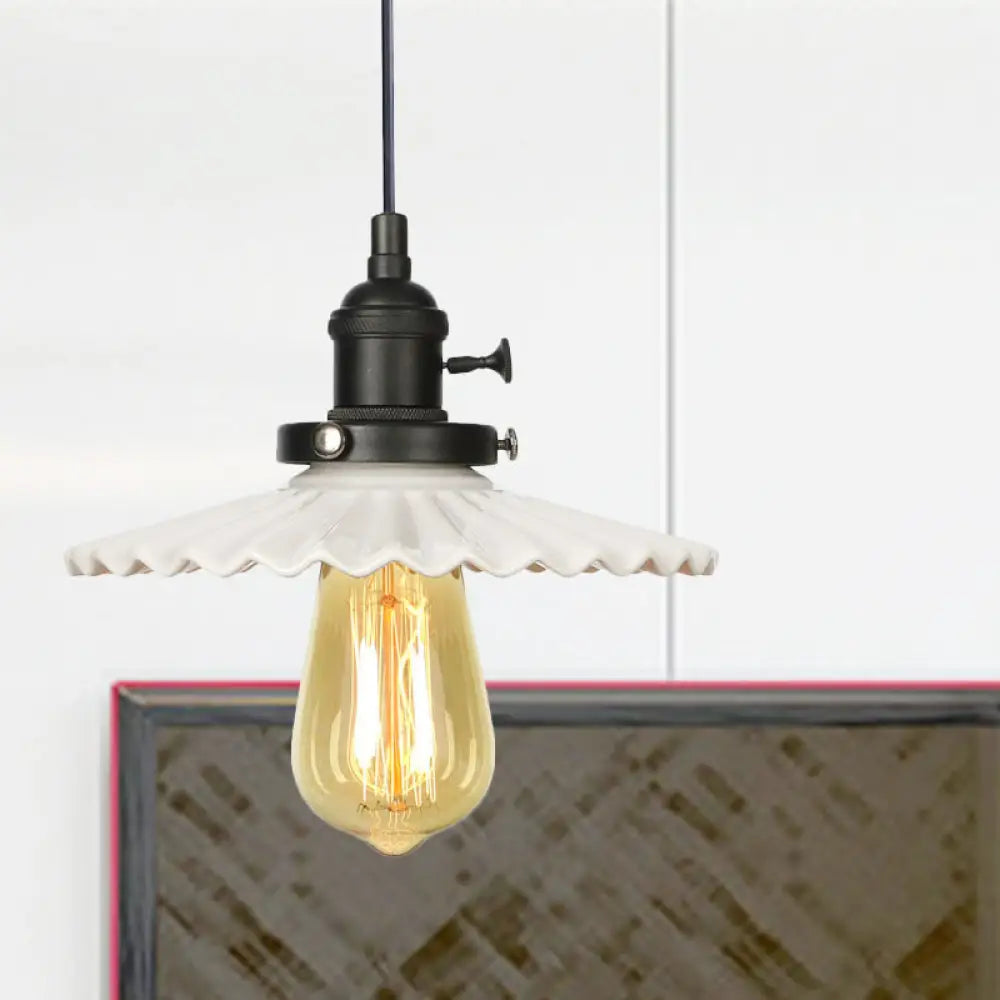 Ceramic Scalloped Edge Industrial Pendant Light With Single Bulb For Dining Rooms In Black Bronze