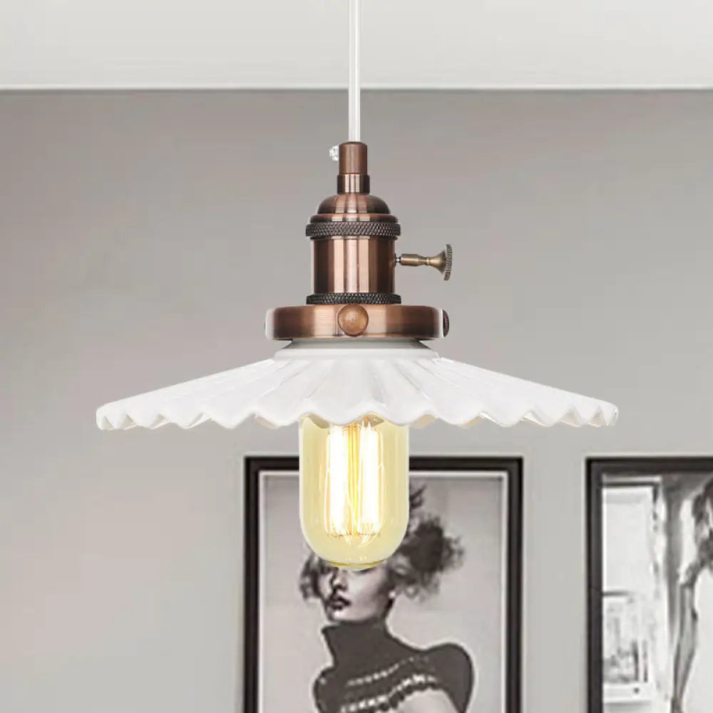 Ceramic Scalloped Edge Industrial Pendant Light With Single Bulb For Dining Rooms In Black Bronze