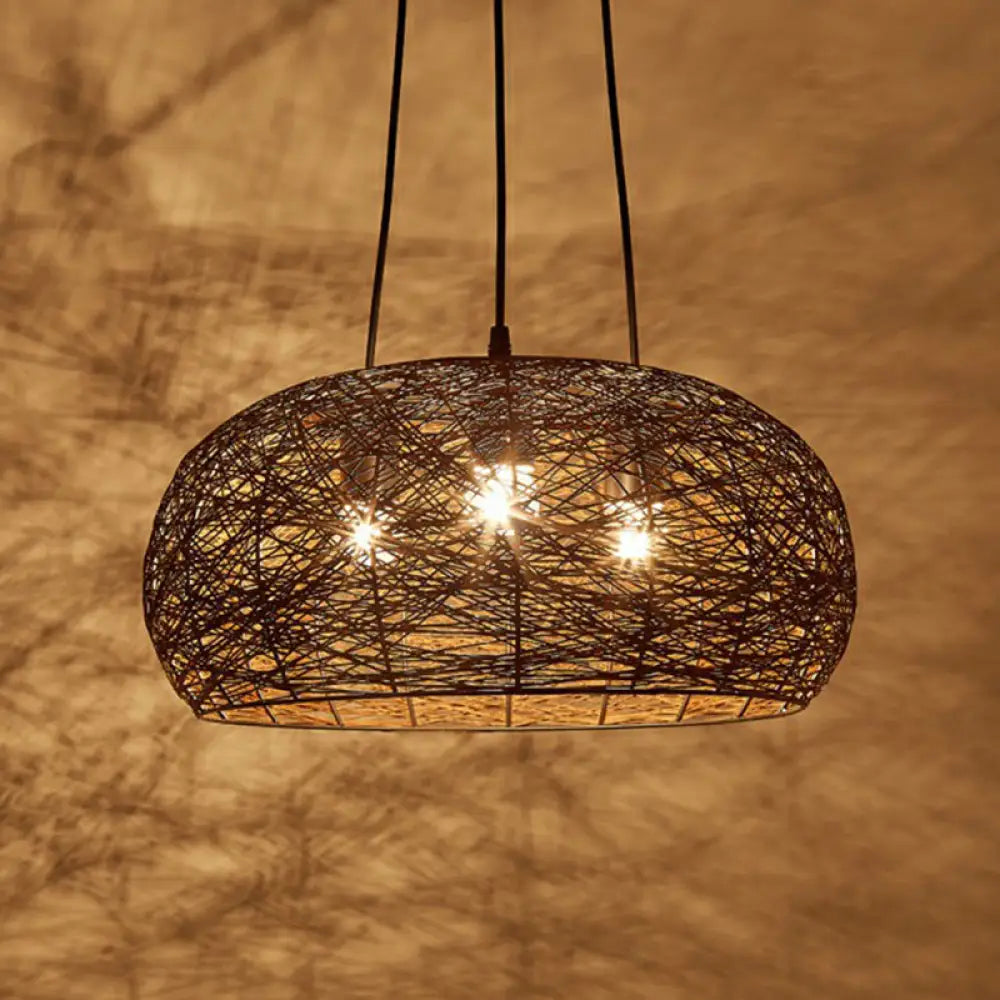 Chinese Dome Rattan Chandelier With 3 Pendant Lights For Restaurants Brown / 18