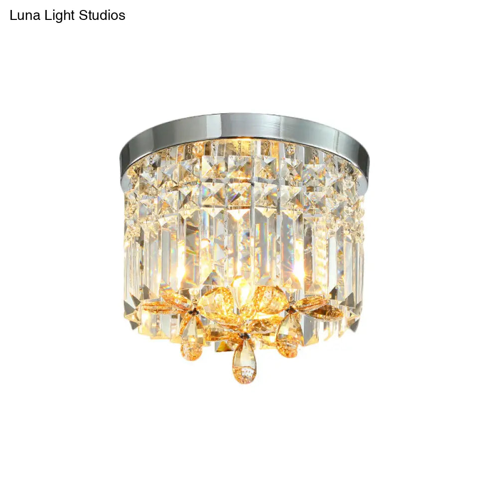 Chrome Cylinder Crystal Led Flush Light For Doorway - 10’/15.5’ Wide