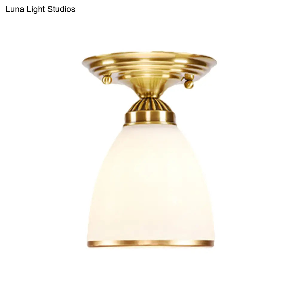 Classic 1-Light Glass Flush Mount Lamp In Brass - Globe/Cone Design For Corridor Ceiling Lighting