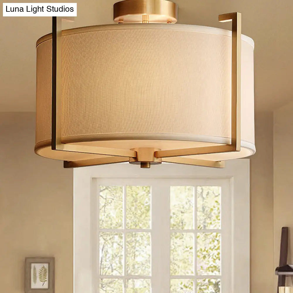 Classic 4-Light Semi Flush Mount Ceiling Fixture With White Fabric Shade For Living Room