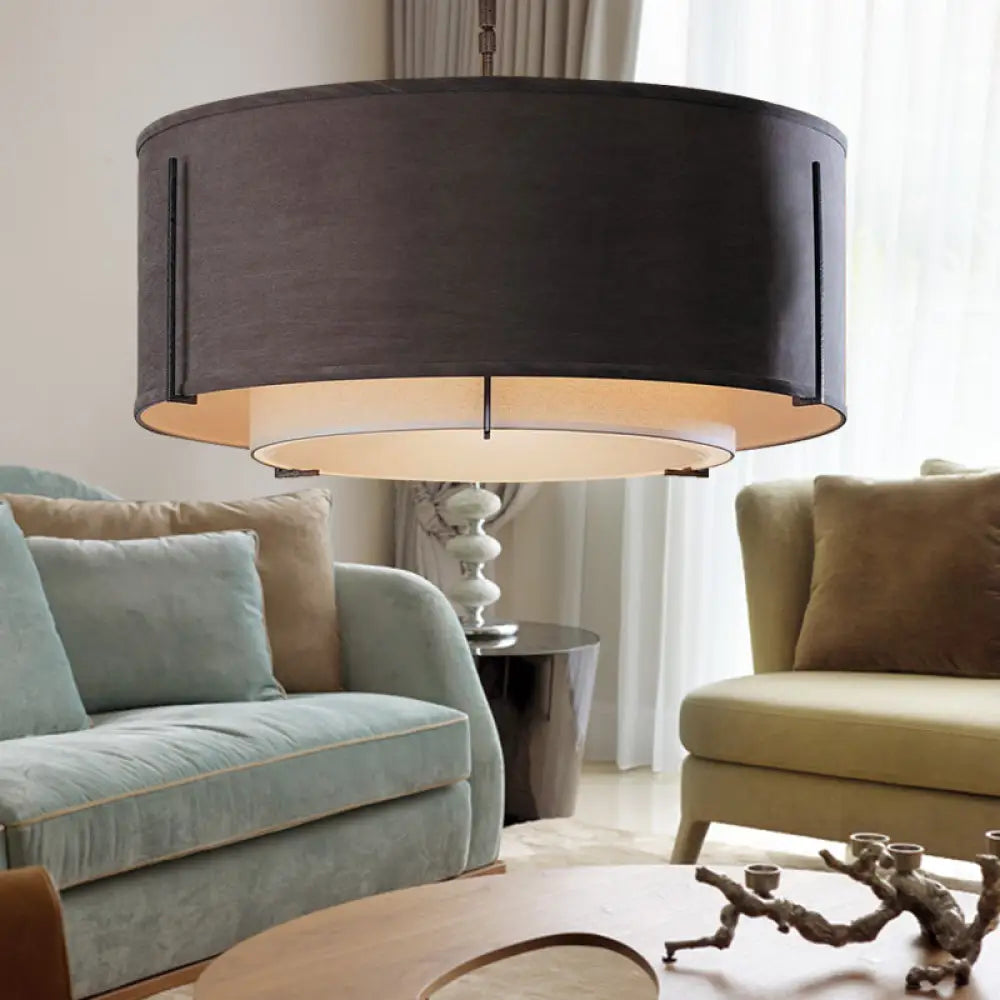 Classic Black Drum Semi Mount Fabric Ceiling Light Fixture - 3/4 Lights 16’/19.5’/23.5’ Wide / 16’