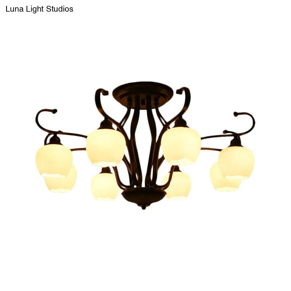 Classic White Glass Flower Shape Semi Flush Light For Living Room - 3/6/8 Lights Black Ceiling