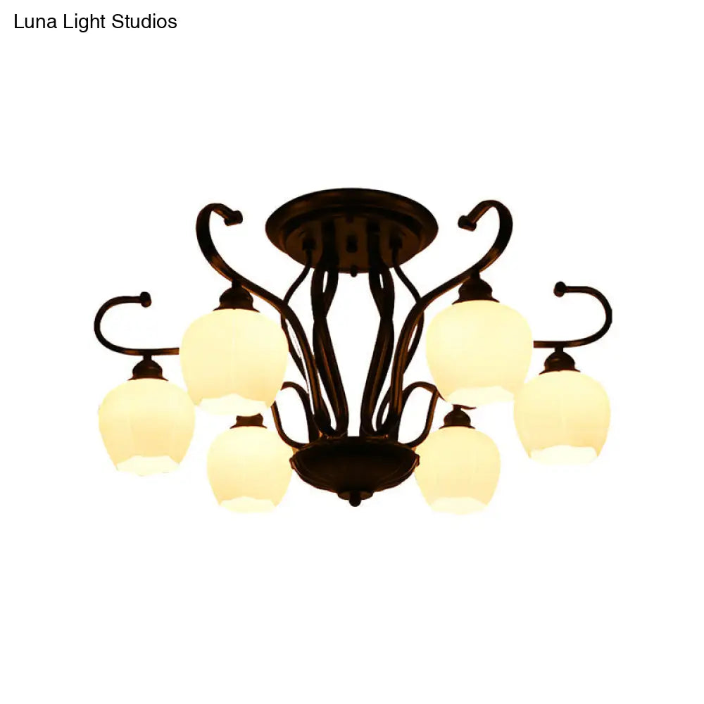 Classic White Glass Flower Shape Semi Flush Light For Living Room - 3/6/8 Lights Black Ceiling