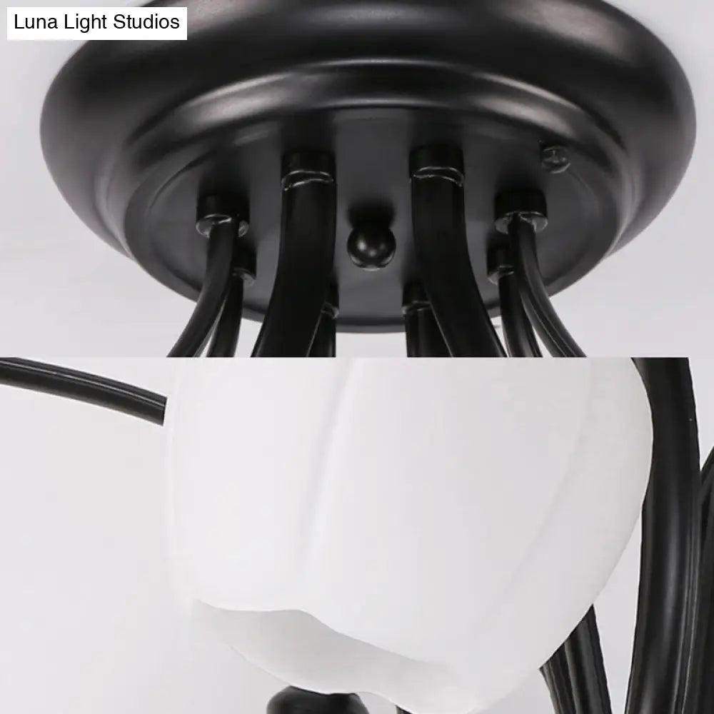 Classic White Glass Flower Shape Semi Flush Light For Living Room - 3/6/8 Lights Black Ceiling