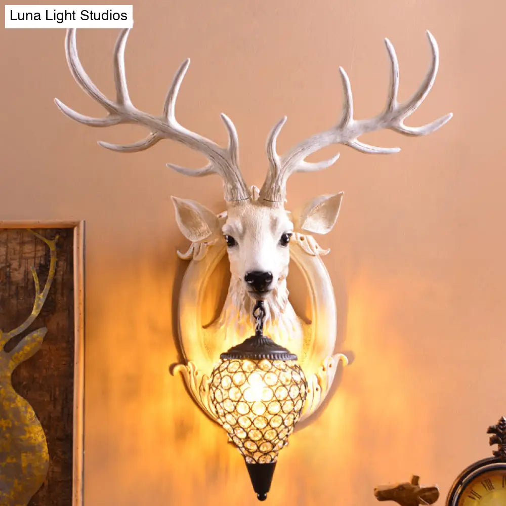 Clear Beveled Crystal Sconce With Rural White/Brown/Black Finish And Faux Elk Backplate - Bedroom