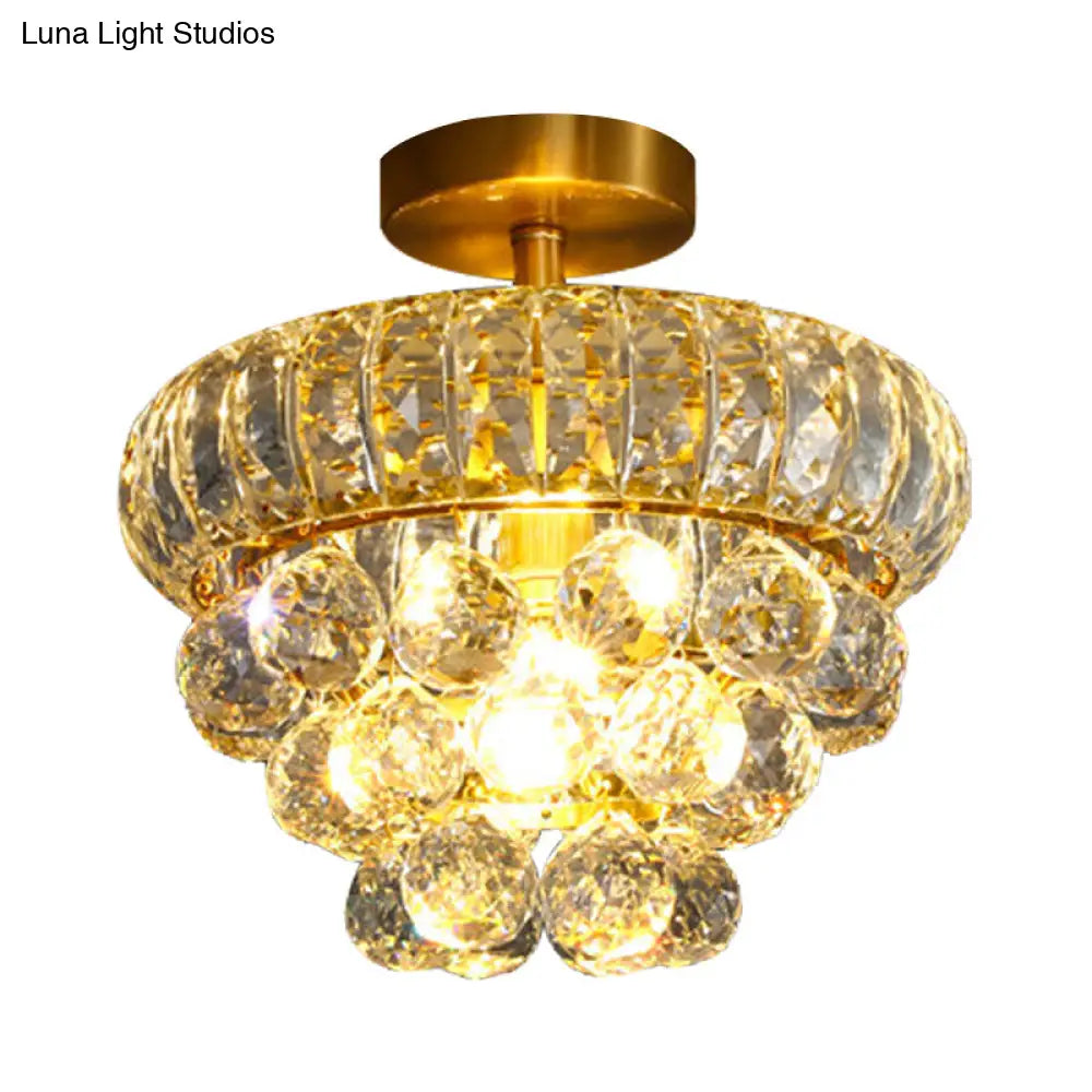 Clear Crystal Droplet Semi Mount Ceiling Light Fixture - Modern Brass Design