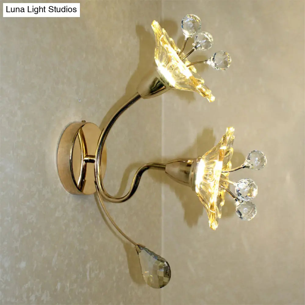 Clear Crystal Glass Gold Wall Lamp With Daisy Shade - Traditional Sconce Light For Bedside 2 Bulbs