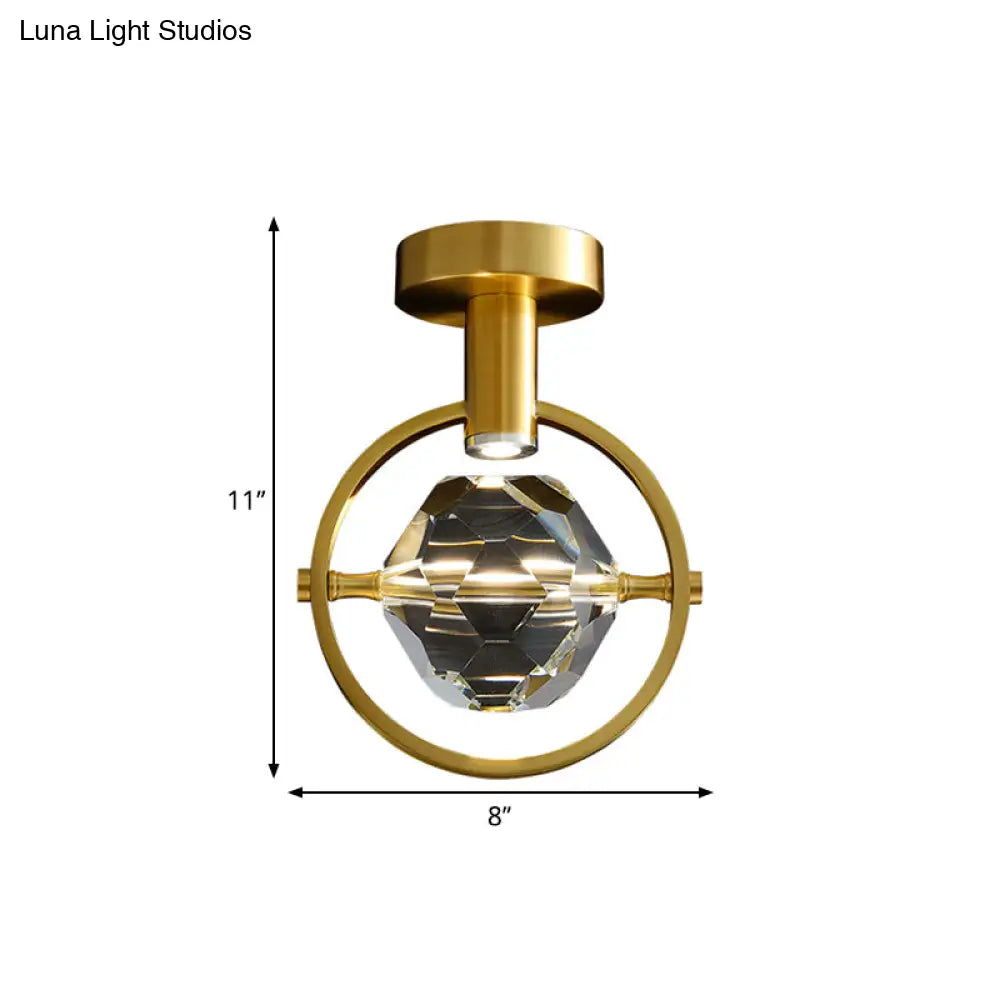 Clear Crystal Led Porch Ceiling Light: Beveled Hexahedron/Ball Semi Flush Mount Modern Brass