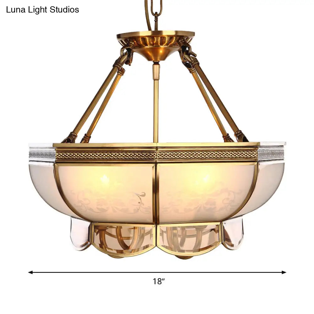 Colonial Brass Chandelier With 4 Frosted Glass Bulbs - Elegant Suspension Lamp For Your Living Room