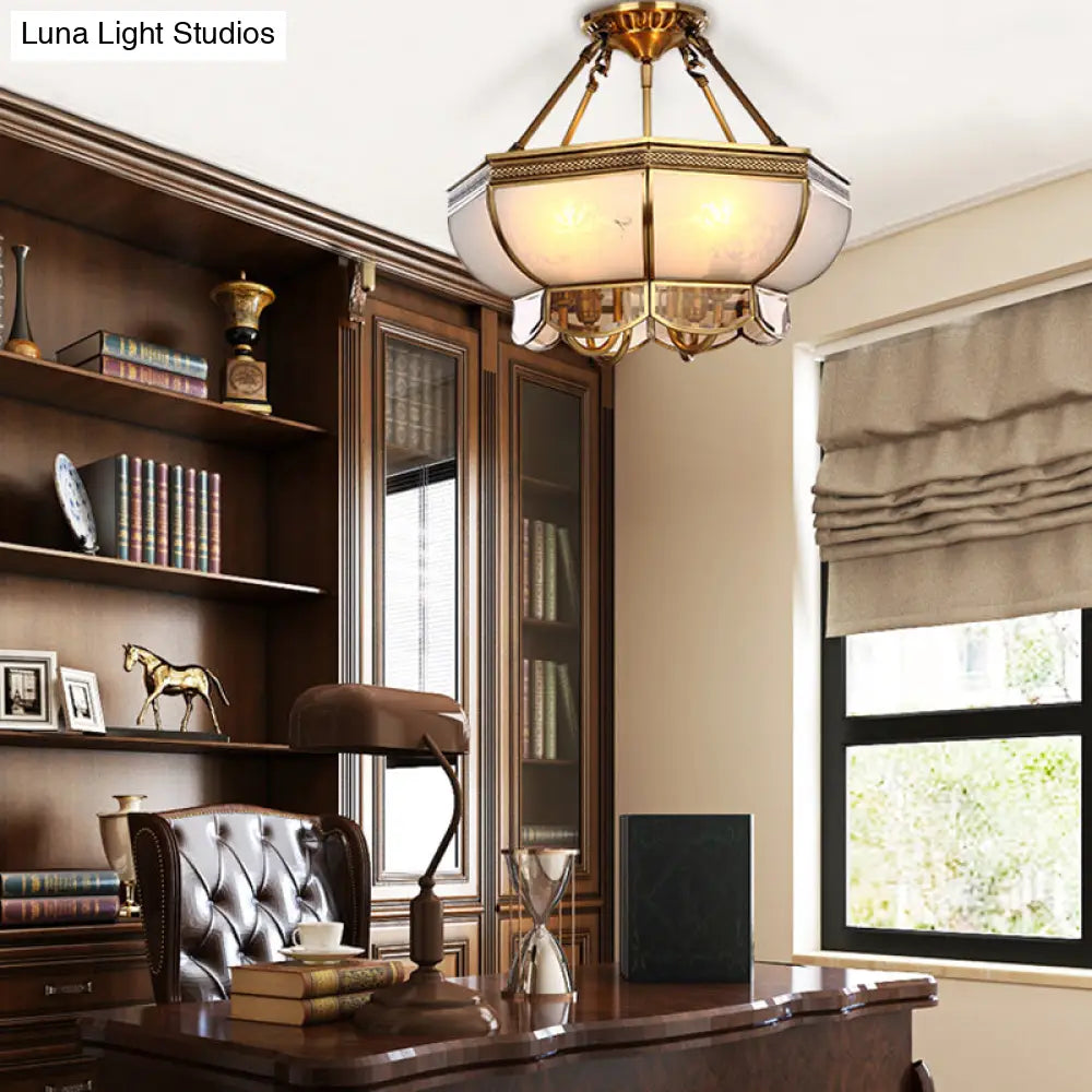 Colonial Brass Chandelier With 4 Frosted Glass Bulbs - Elegant Suspension Lamp For Your Living Room