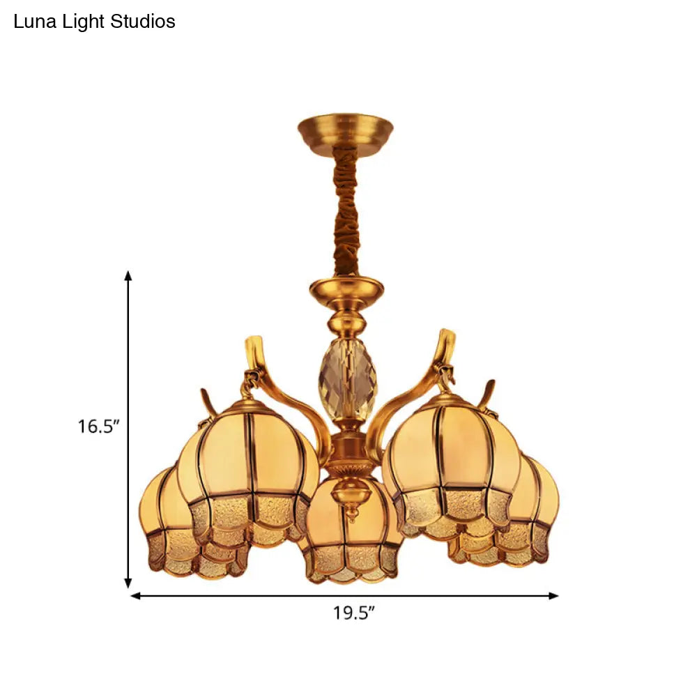 Colonial Frosted Glass 5-Light Gold Ceiling Chandelier - Bud Bedroom Pendant Light