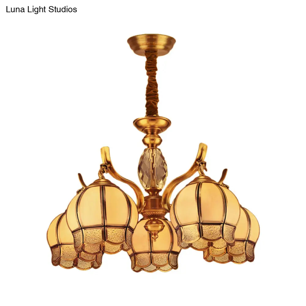 Colonial Frosted Glass 5-Light Gold Ceiling Chandelier - Bud Bedroom Pendant Light