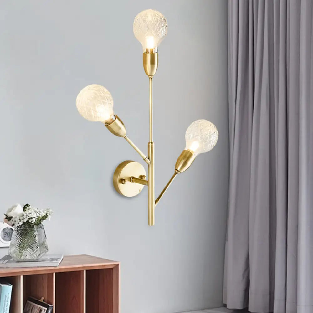 Colonial Gold Sconce With Clear Ribbed Glass And 3 Lights For Living Room Wall Lighting