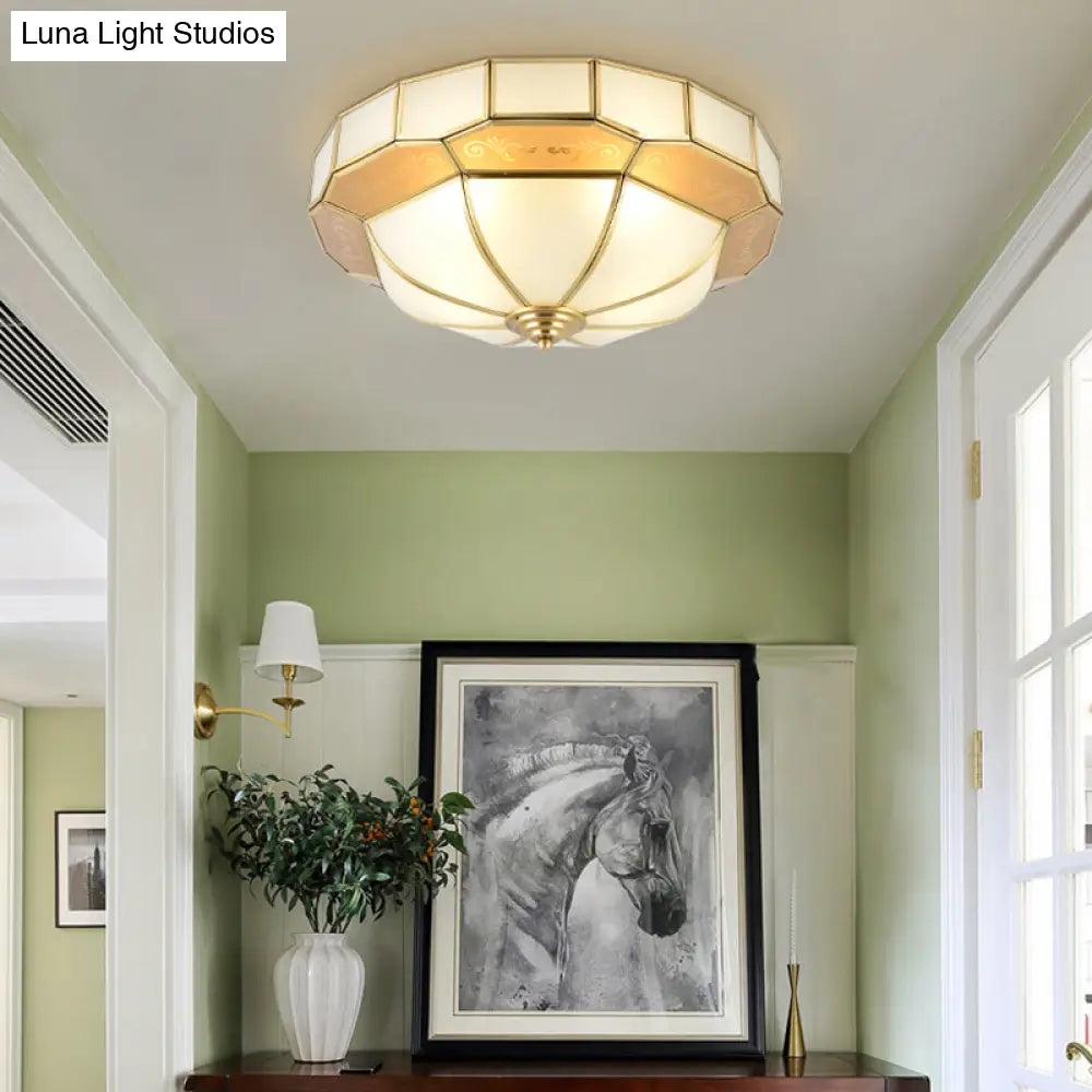 Colonial Milky Glass Bowl Ceiling Fixture 3/4-Bulb Living Room Flush Mount Lamp In Brass