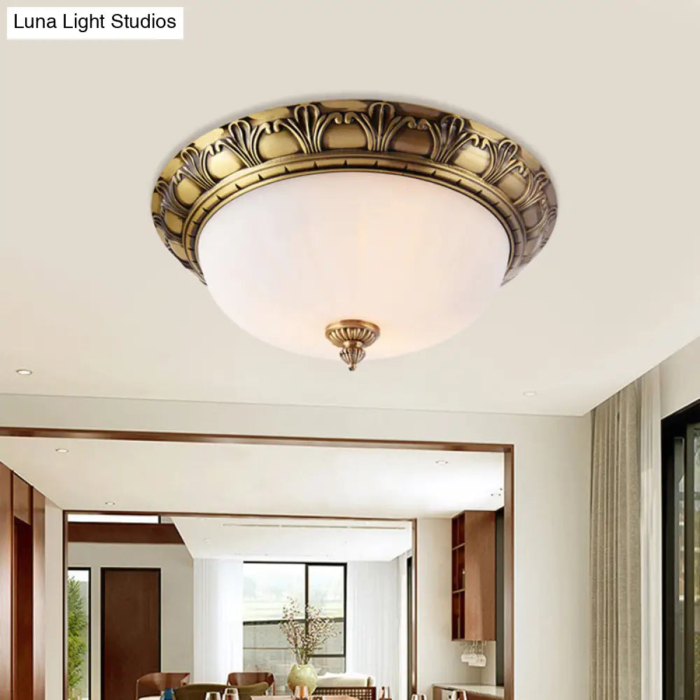 Colonial Style Brass Finish Flush Mount Ceiling Light 2/3/4 Heads White Frosted Glass