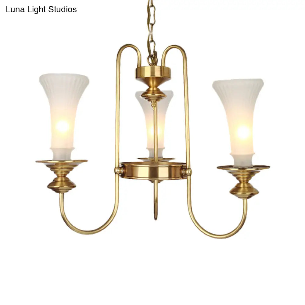 Colonial White Glass Floral Chandelier Light With Gold Accent - 3/6/8 Head Living Room Hanging Lamp
