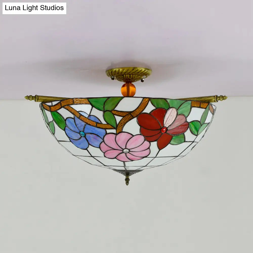 Colorful Stained Glass Flower Ceiling Fixture With 5 Tiffany Style Lights - Pink/Yellow/Blue Semi
