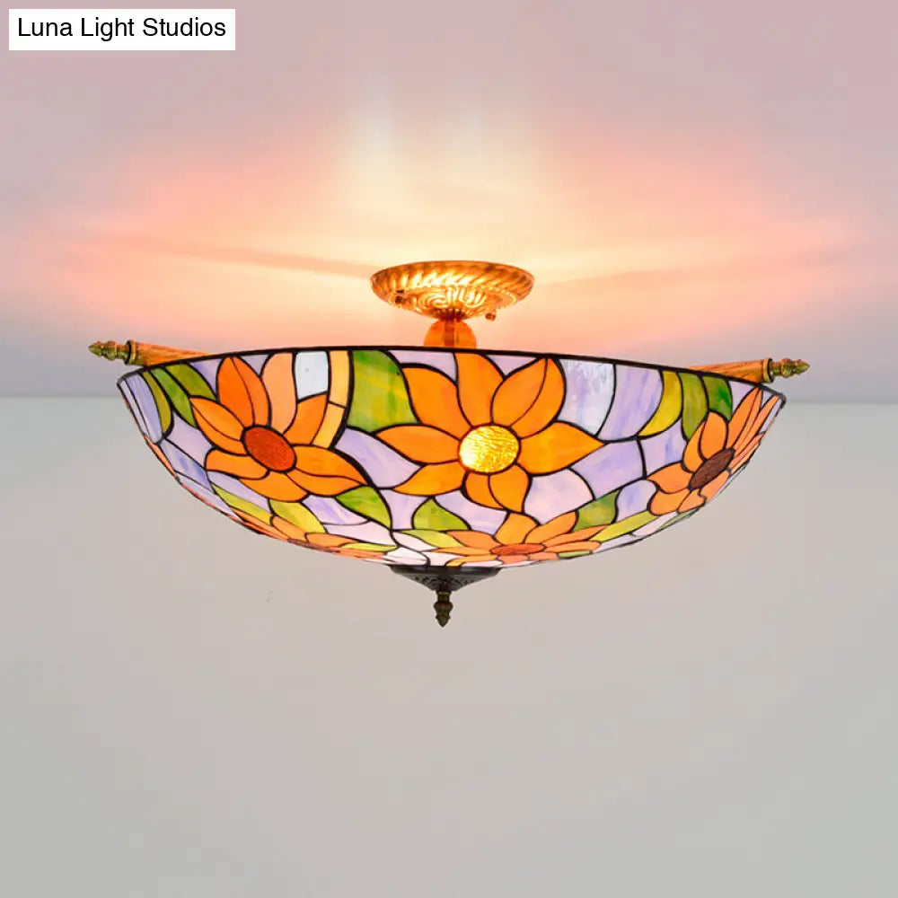 Colorful Stained Glass Flower Ceiling Fixture With 5 Tiffany Style Lights - Pink/Yellow/Blue Semi