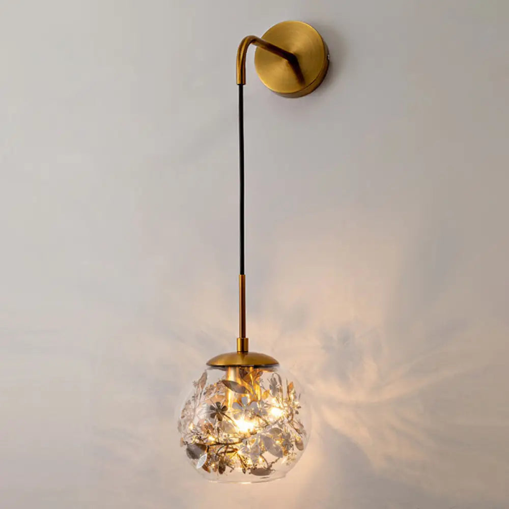 Contemporary 1-Light Clear Glass Bubble Wall Lamp With Foil Flower Decor Silver / Small