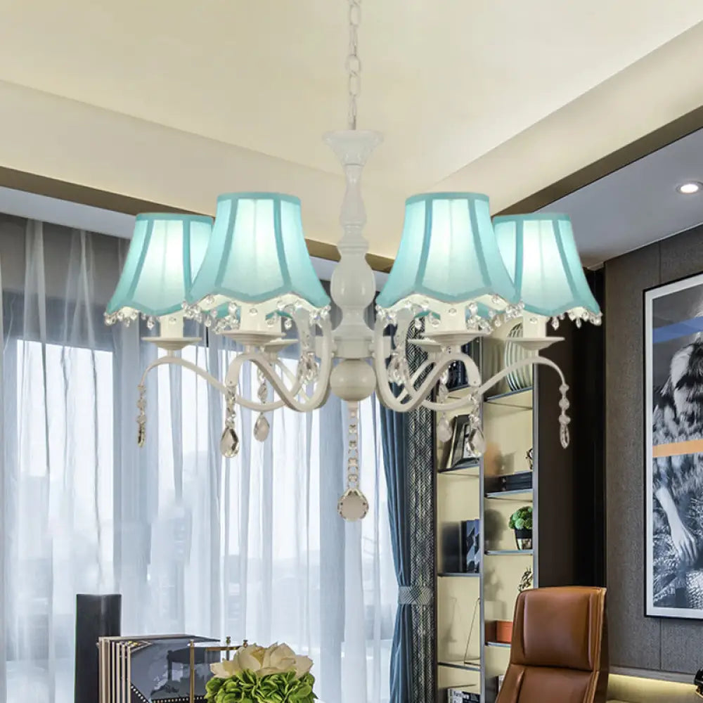 Contemporary 6-Light Pink/Blue Scalloped Fabric Pendant Chandelier With Crystal Droplet Blue