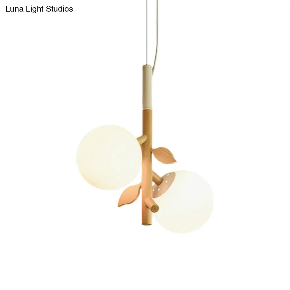 Contemporary Ball Chandelier - White Frosted Glass 2/3 Heads Wood Ceiling Lamp Stylish Dining Room