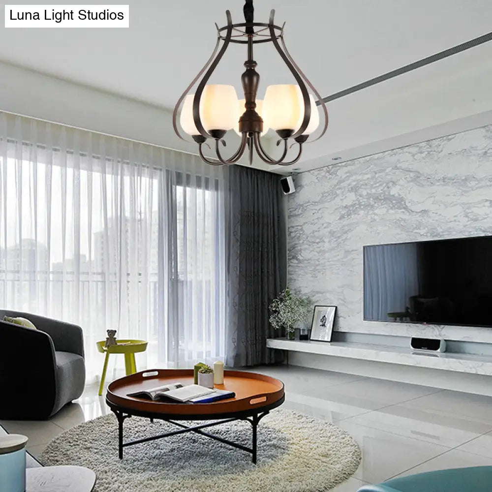 Contemporary Black Finish Chandelier - 5 Bulbs Opal Glass Bowl Shade