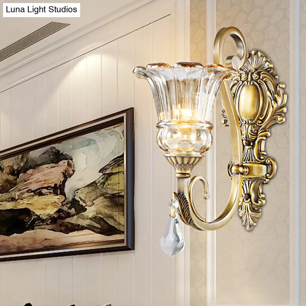 Contemporary Brass Wall Mount Light With Crystal Drop - Flower Bedroom Sconce