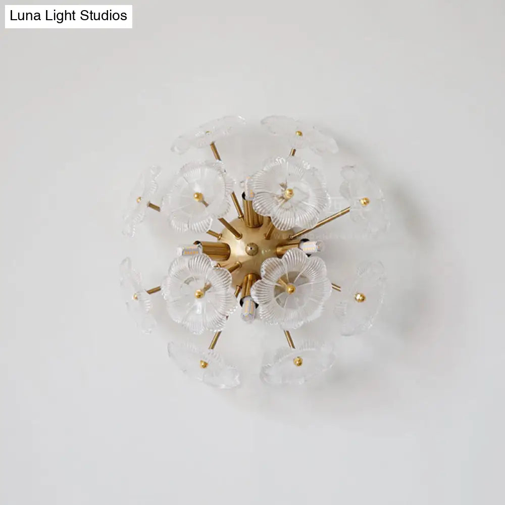 Contemporary Clear Glass Flower Wall Sconce With 4 Gold-Finished Heads