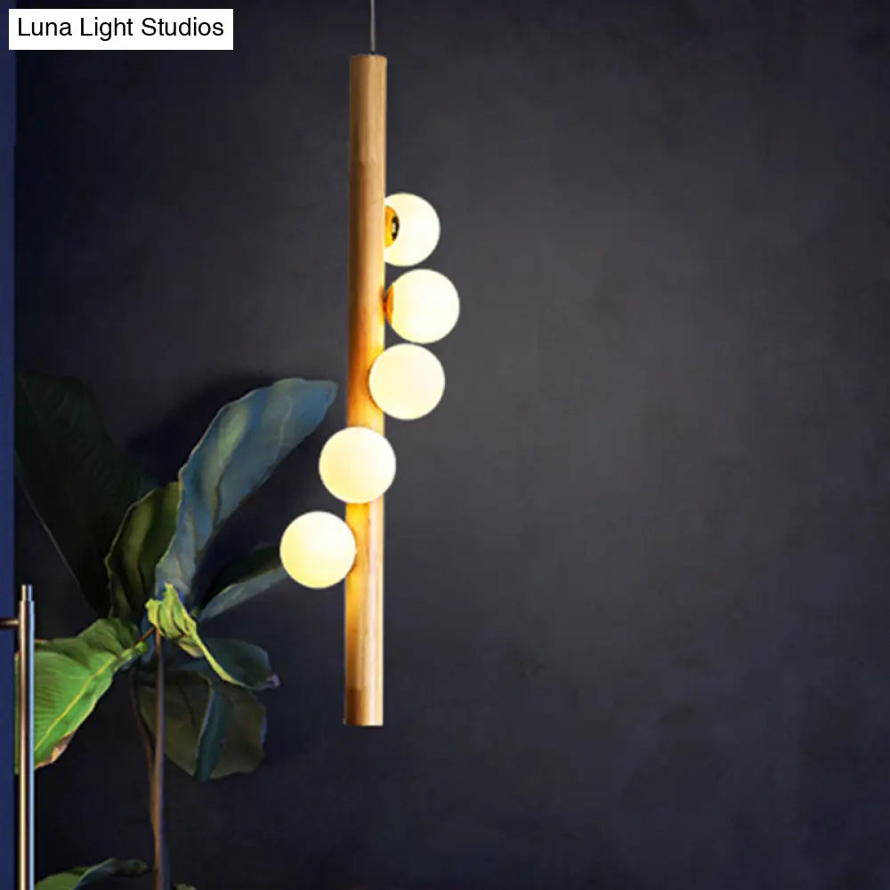 Contemporary Cream Glass Modo Chandelier Lighting With 5 Wood Pendant Lights – Ideal For Restaurants