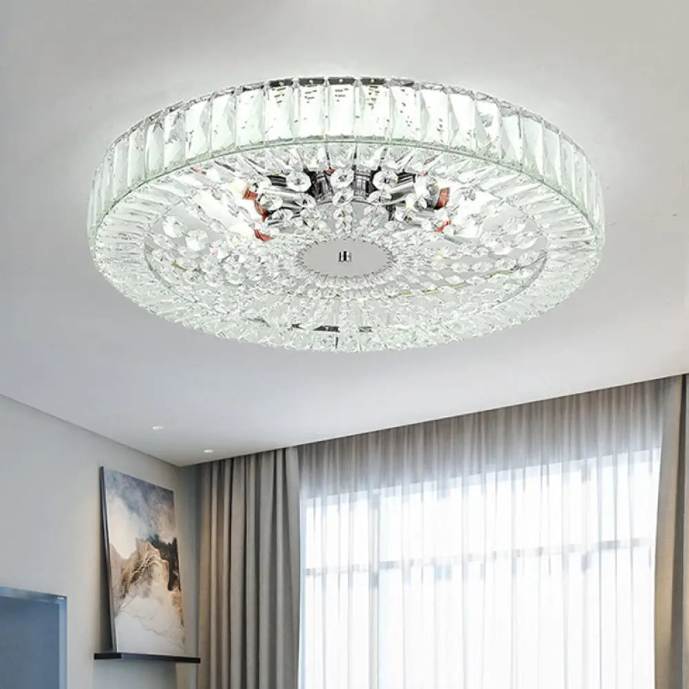 Contemporary Crystal Block Led Chrome Ceiling Fixture - Drum Flush Mount Light 16/23.5 Wide