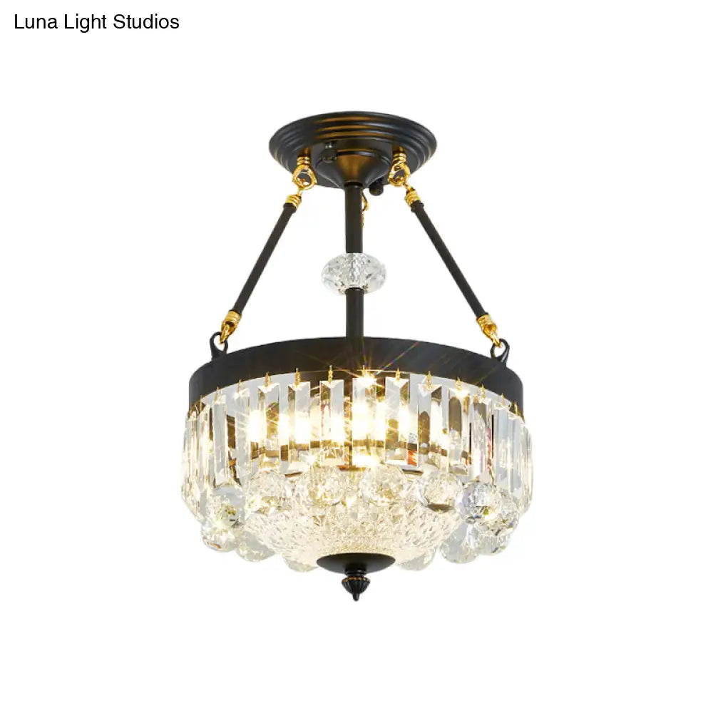 Contemporary Crystal Bowl Semi Flush Light - 4/6 Heads 14.5’/18.5’ Width Ceiling Mount Black Frame