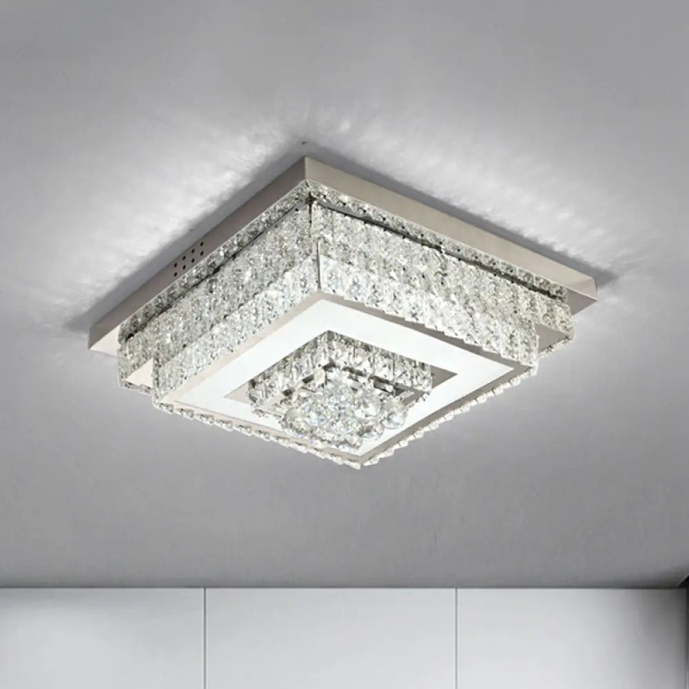 Contemporary Crystal Led Flush Mount Ceiling Light With Clear Drops For Bedroom / Square Plate