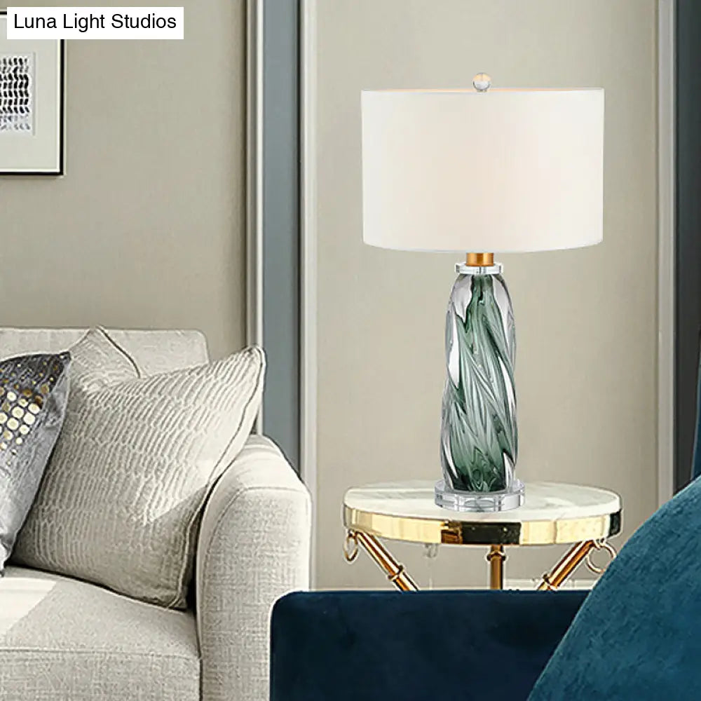 Contemporary Fabric Cylindrical Task Light - White Nightstand Lamp With Pewter Glazed Crystal Base