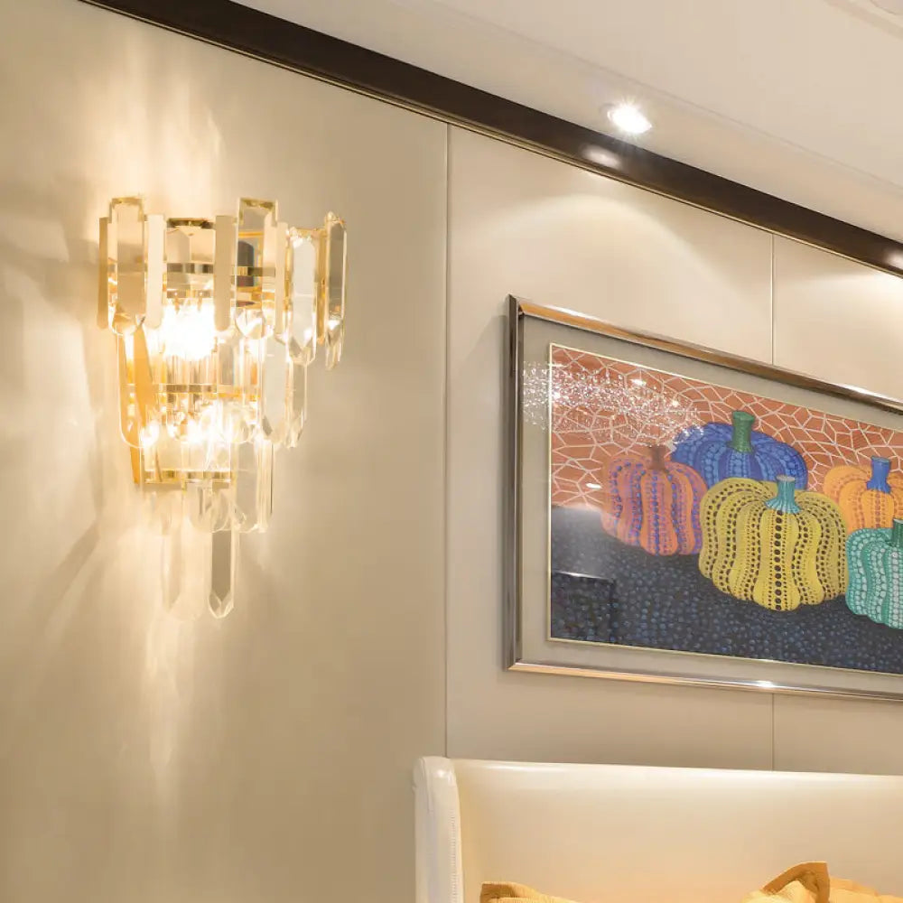Contemporary Gold Wall Lamp With 3 Clear Crystal Layers - Bedroom Lighting