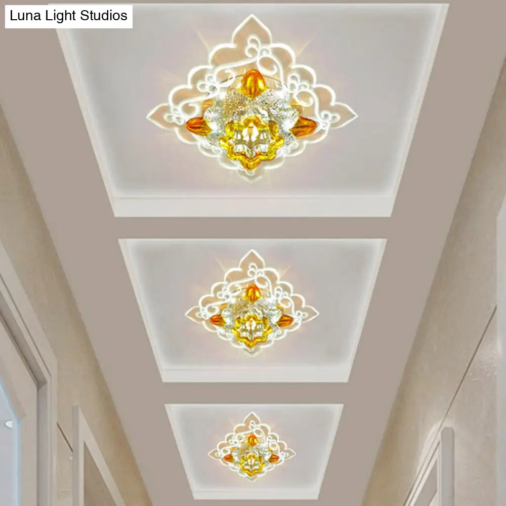 Contemporary Led Amber Beveled Glass Crystal Floral Flushmount Balcony Ceiling Light Fixture