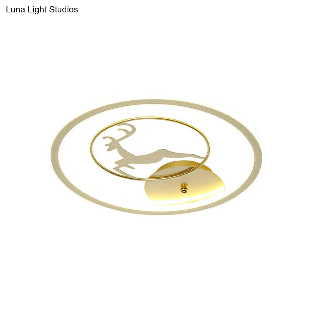 Contemporary Led Metal Ceiling Mount Fixture With Gold Round Flush Light And Elk Pattern Sizes: